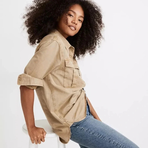 Madewell Pop Over Shirt Utility Military Tunic Oversized Long Line Tan Ash Green - Picture 3 of 13